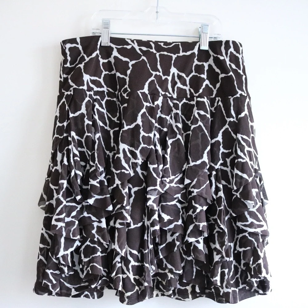 INC Brown Giraffe Print Ruffle Skirt